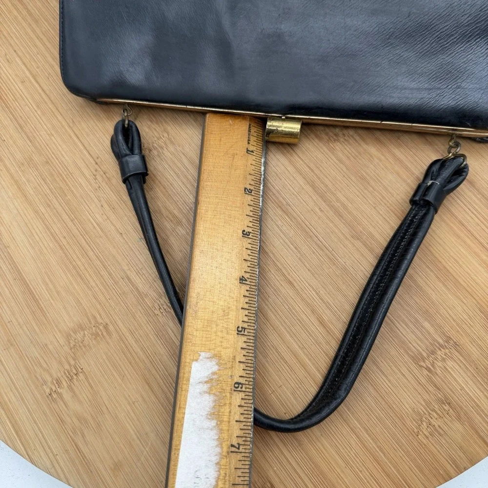 Vintage 1950s Lesco‎ Genuine Leather Handbag Black with Brass/Gold trim